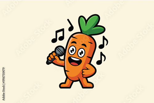 Bright orange cartoon carrot mascot singing with a microphone and musical notes