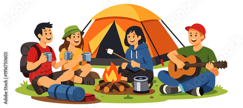 Young diverse campers enjoying campfire with guitars and marshmallows.