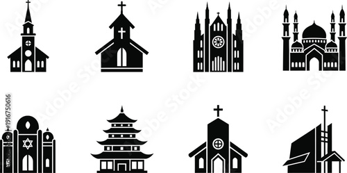 Icon set of diverse religious buildings and structures