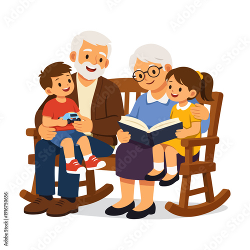 Elderly caucasian couple reading with grandchildren on rocking chair.