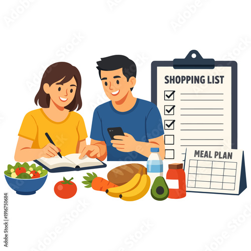 Young caucasian couple planning healthy meals with shopping list and fresh produce.