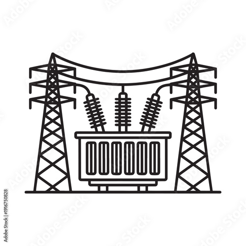 Linear illustration of an electrical substation with power lines and towers