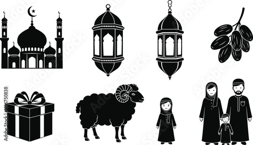 ramadan eid icon set mosque lantern dates ram sheep gift family faced silhouette black white vector crescent moon star