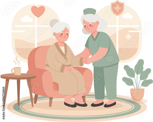 Caring nurse assisting an elderly woman in a cozy armchair, representing home care and support