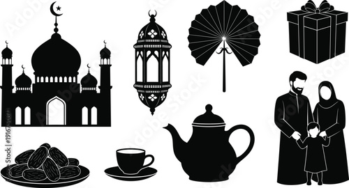 ramadan islamic icon set mosque lantern fan gift dates teapot family silhouette black white vector crescent moon star decoration