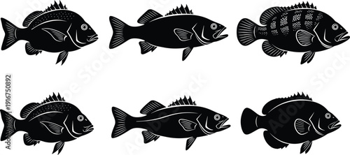 Black and white vector fish silhouettes set for seafood restaurant logo fishing equipment emblem ocean life decoration and laser cut