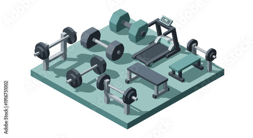  Isometric gym equipment vector set illustrating treadmills, dumbbells, benches and strength machines arranged in a clean three dimensional perspective style, professional fitness illustration ideal f