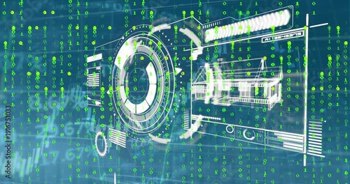 Animation of scope scanning with interface, binary codes, graphs moving over trading board