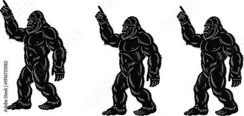 Black and white vector bigfoot sasquatch silhouette pointing up for mystery mountain adventure hiking logo cryptozoology legend