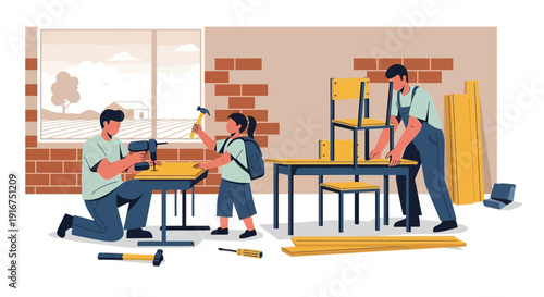 Family Building a Furniture Table Workbench