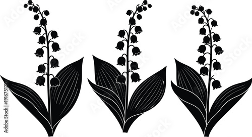 Black and white vector lily of the valley silhouettes with bell shaped flowers for spring wedding invitation botanical logo decoration