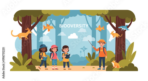 Children on a Nature Walk with Guide in Forest