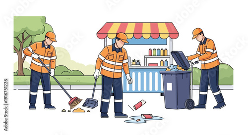 Street Cleanup Crew Cleaning Litter in Public Park