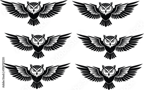 Black and white vector owl silhouettes with spread wings for mascot logo bird of prey emblem wildlife decoration and laser cut