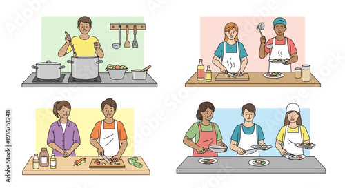People cooking and preparing meals in a kitchen