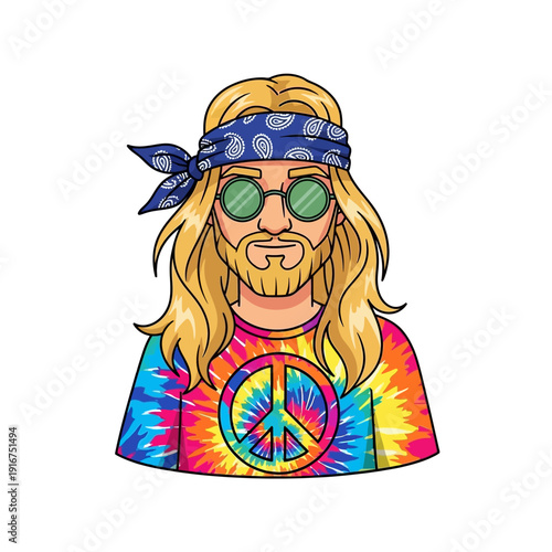 Hippie Man with Peace Sign Shirt, Bandana and Round Sunglasses - Cartoon Style