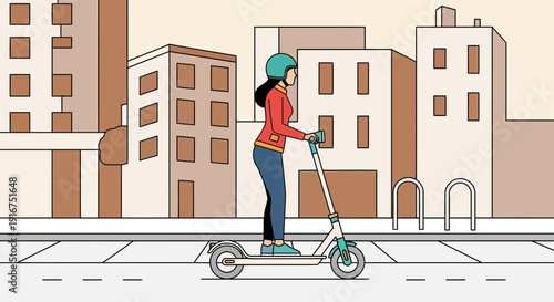 Woman Riding Electric Scooter in City