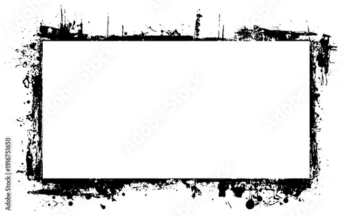 Black grunge frame texture background. Grunge ink blot frame with streaks, splashes, spots, dots, streaks. Abstract spot cadre. Splatters of paint, watercolor stain. 