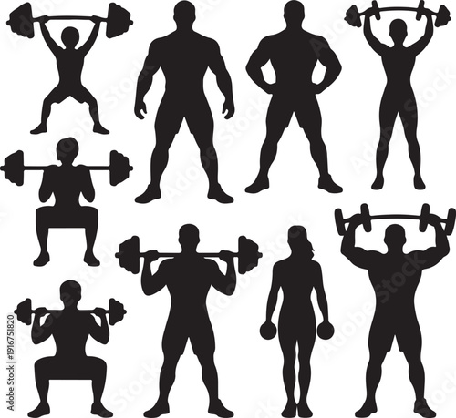 Silhouettes of people exercising with dumbbells and weights in various poses
