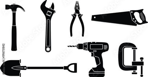 Black silhouette icons of common hand and power tools on white background hand tools