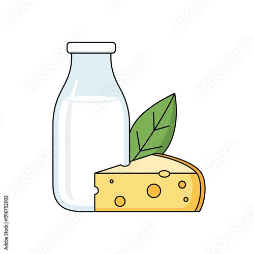 Milk Bottle with Cheese and Leaf