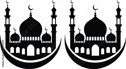 A black and white image of two mosques with crescent moons