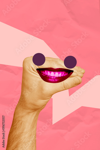 Sketch art pop 3d zine collage of eyeball mouth imitation stare hand show gesture palm esoteric fake news propaganda tattle