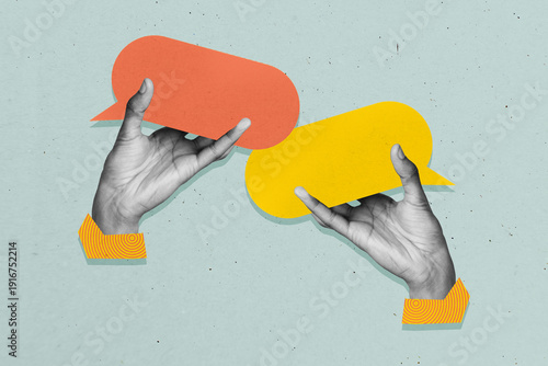 Tableau sur toile Full photo sketch image trendy collage of human hands hold bubble notification p