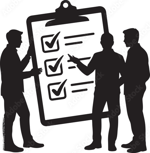 silhouette of three men discussing a checklist on a clipboard