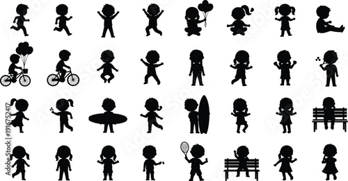 Children silhouettes collection playing running cycling and jumping, black vector icon set isolated on white background