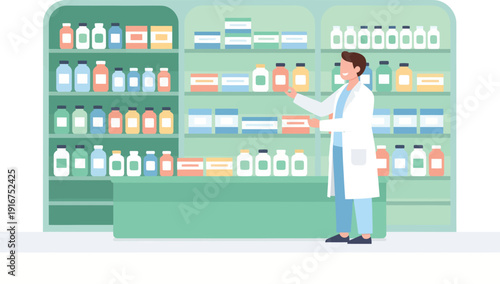 Pharmacist in a modern pharmacy recommending medicine from shelves, illustrating healthcare and pharmaceutical services