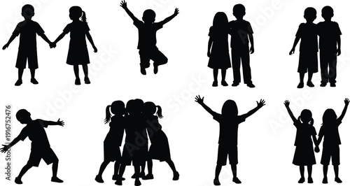 Children silhouettes collection playing jumping and holding hands, black and white vector illustration set, happy kids friendship concept