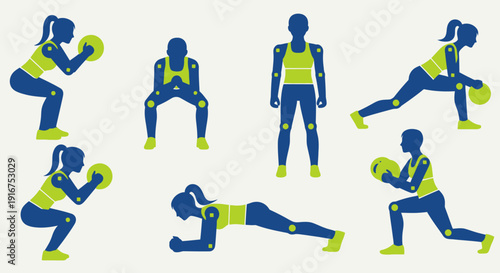  Human body fitness workout poses vector set illustrating various exercise positions including stretching, strength training, flexibility and warm up routines, modern flat style athletic silhouettes d