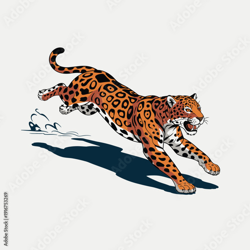 Stylized Jaguar Running with Spots and Shadow spotted