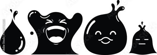 Cute black slime characters set, cartoon liquid blob mascots with different emotions vector illustration isolated