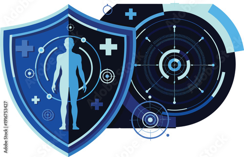 Futuristic digital shield protecting human silhouette, symbolizing health security and data protection