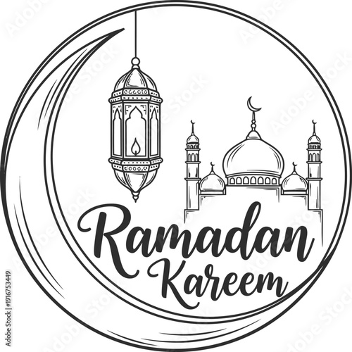 Ramadan kareem illustration with mosque and lantern in a circle.