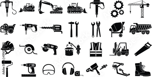 Comprehensive set of construction and industrial equipment icons Keywords: jackhammer, excavator