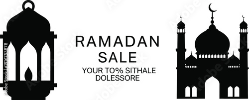 Ramadan sale advertisement with mosque and lantern silhouettes.