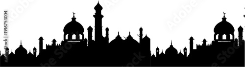 Elegant mosque silhouette with domes and minarets in Islamic architecture