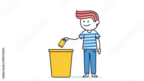 Happy stick figure boy, cheerfully disposing of a can into a yellow trash bin, symbolizing environmental responsibility and proper waste management.