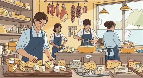 Cheese Shop Scene with Butchers and Servers