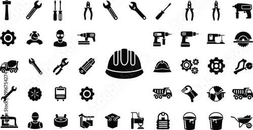 Diverse collection of construction and repair tool icons Keywords: hammer, wrench, screwdriver