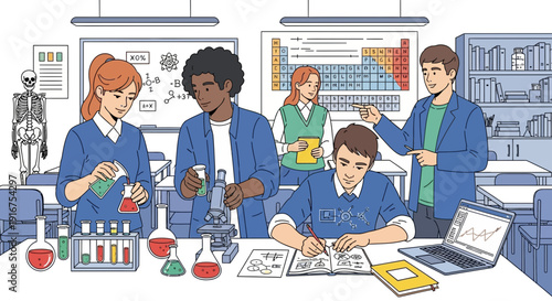 Students and Scientist Teamwork in Chemical Lab