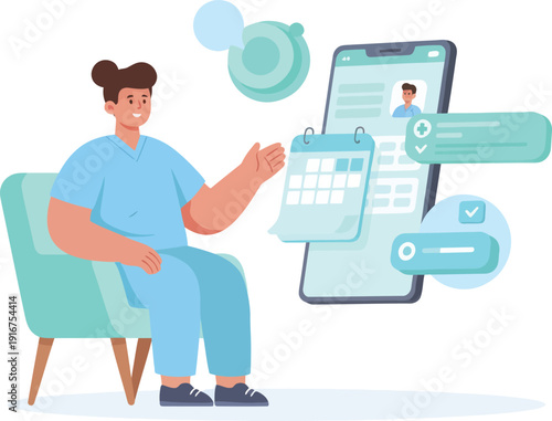 Doctor with mobile app showing calendar and patient profile for healthcare scheduling and telemedicine consultation