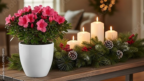 Cozy Indoor Christmas Decoration with Pink Azalea Plant and Candles on Wooden Table