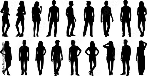 Vector silhouettes man and women, illustration. Silhouettes of young people posing in casual clothes. Transparent background EPS version.