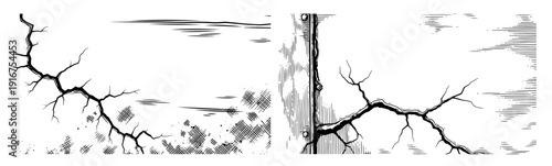 Black and white hand drawn illustration of a cracked wall with damaged surface texture