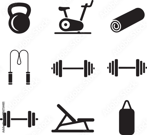 Various gym and fitness equipment icons on white background