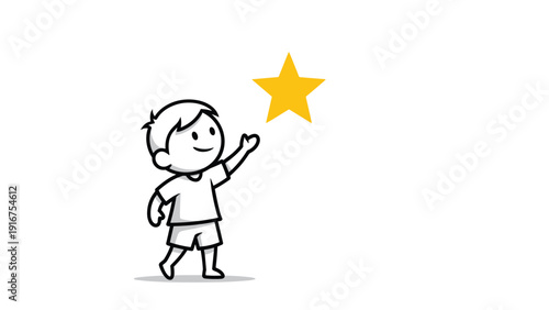 Determined black and white stick figure boy, eagerly reaching upwards towards a bright yellow star, symbolizing ambition, goals, and striving for success.